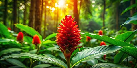 Fototapeta premium Candid Photography of Wild Indian Head Ginger Plant in Lush Forest Environment, Captured in 4K with Natural Light for Stunning Visual Experience