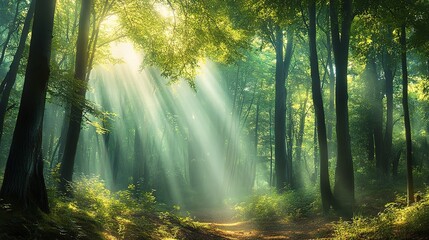Obraz premium Serene Forest with Rays of Light Streaming Through Trees
