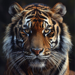 Obraz premium A close-up portrait tiger resting in a lush, forested environment. The tiger has striking orange and black striped fur, piercing yellow eyes, and a powerful, muscular build. The background is blurred