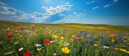 Vibrant wildflower meadow with blue sky and puffy clouds.