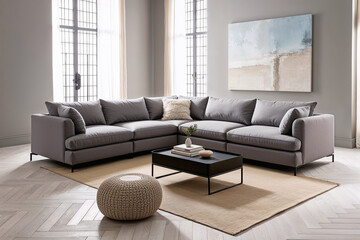 Fototapeta premium Stylish Minimalist Living Room with Modern Grey Sectional Sofa and Cozy Decor