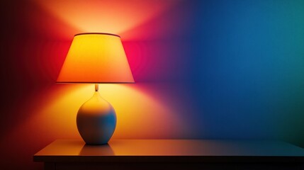 A white table lamp with a yellow shade sits on a white table against a blue and red wall.