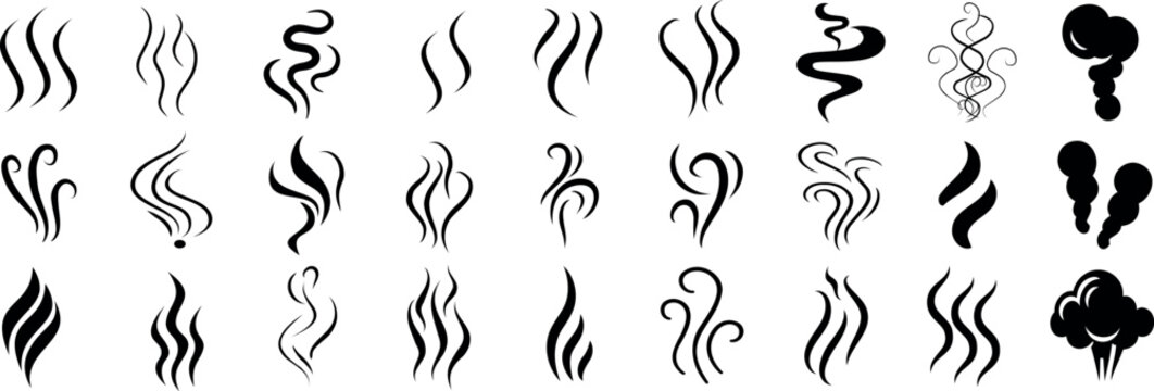Smoke swirl icons, abstract steam symbols, curvy lines, flowing shapes, and minimalist design for smoke, heat, or vapor. Perfect for logos, patterns, or decorative elements vector silhouette
