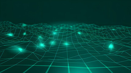 Abstract digital grid landscape with glowing points and a dark background.