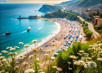 Scenic Double Exposure Beach Panorama with White Flowers and Blurred Seaside Elements