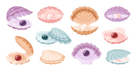 Open shells with pearls expensive natural jewelry luxury treasure set isometric vector illustration