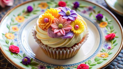 Delicious Cupcake with Vibrant Flower Decoration Close-Up in Panoramic View for Baking and Dessert Enthusiasts