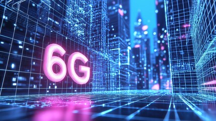 Futuristic cityscape with 6g neon lights and digital grid technology