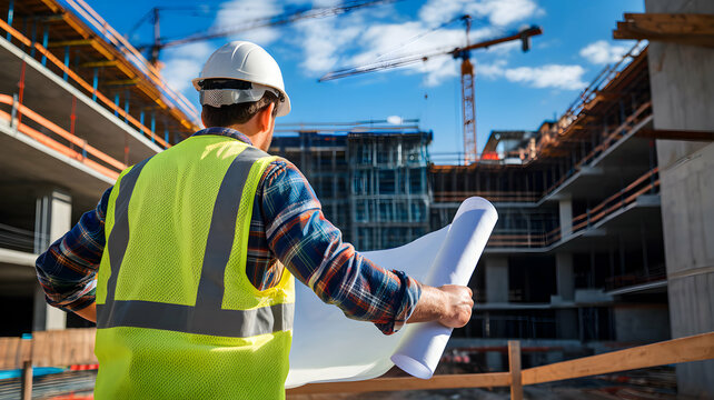 Construction worker reviewing blueprints on a building site under a clear sky.