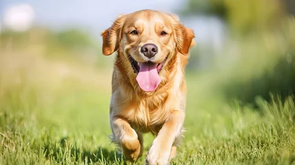 A golden retriever happily runs through green grass, showcasing its playful nature and vibrant energy on a sunny day. © Nitchalee N.