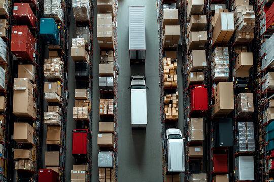 Aerial view of a busy warehouse filled with stacked boxes and delivery trucks.