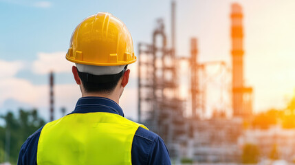 Engineer observing industrial site with safety helmet and vest