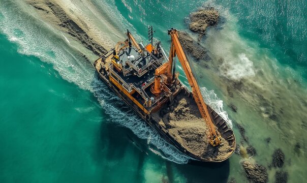 Dredger boat scoops sand from seabed.