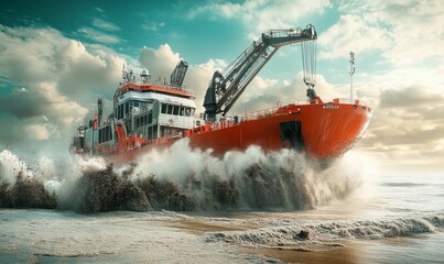 Red ship breaking through rough waves.