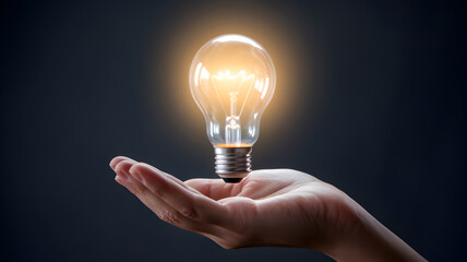 Hand holding a glowing light bulb, symbolizing innovation and ideas.