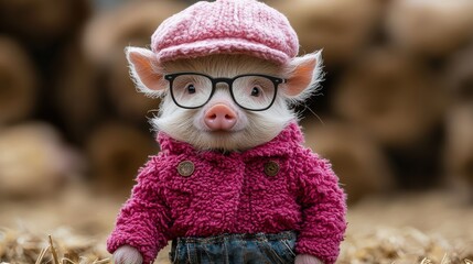 A cute piglet wearing glasses and a pink sweater stands confidently on a farm with hay bales in the background during the day