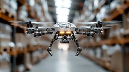 Modern drone flying in a warehouse, showcasing advanced technology and innovative design.
