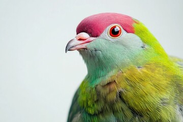 Close-up view of a Red-naped fruit dove Ptilinopus perched quietly, showcasing vibrant plumage and striking features in natural light