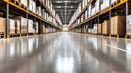 Obraz premium Spacious warehouse interior with organized shelving and stacked boxes, clean floor, and bright lighting.