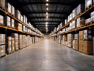 Spacious warehouse interior with shelves of goods and stacked boxes, illuminated by bright overhead lights.