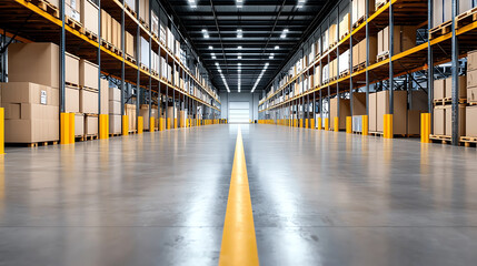 Obraz premium Spacious warehouse interior with stacked boxes, bright lighting, and a clear floor marking for organization.