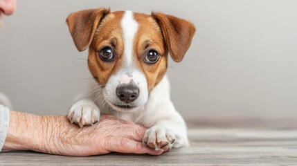 A cute puppy with brown and white fur rests its paws on a person's hand, looking curiously at the camera.