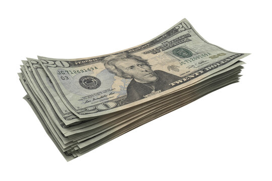 Close up Pile of twenty US dollar transparent background. Usa dollar bill 3d rendering