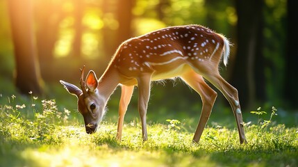 Elegant Deer Grazing in Sunlit Forest