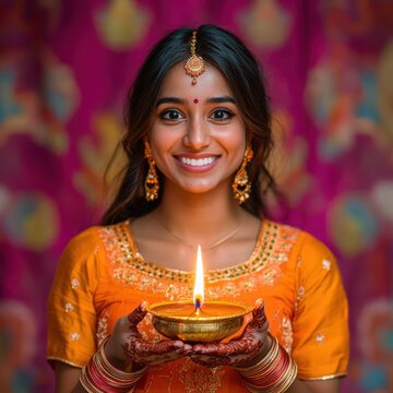 Happy Diwali Celebration with Indian Woman Holding a Lit Diya Posing for a Photo. Fictional Character Created By Generative AI.
