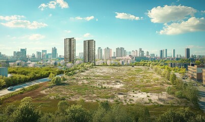 Fototapeta premium Cityscape with a vacant lot and greenery.