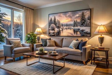 Elegant Living Room with Framed Winter Landscape Print - Cozy Home Decor, Interior Design, Modern Aesthetics, Candid Photography, Warm Ambiance, Stylish Furniture, Inviting Atmosphere