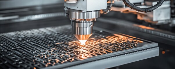 Precision Laser Cutting Machine on Metal Surface in Industrial Setting with Sparks and Detail