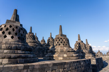 Many Stupas on top of Borobudur Temple - an important historical Buddhist monument in Magelang,...
