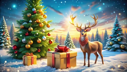 Fototapeta premium Christmas Winter Festive Scene with Reindeer, Christmas Tree, Gift Box, and Snowy Background for Holiday Postcard Design