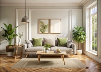 Elegant Scandinavian Living Room with Minimalist Decor Features a Stylish Sofa and an Empty White Frame on the Wall, Ideal for Home Design Inspiration and Interior Decoration Ideas