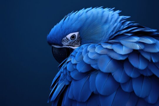 Elegant hyacinth macaw exhibiting intricate feather details against a deep blue backdrop in a serene setting