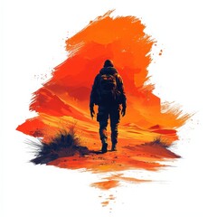 Solo Traveler Walking Through Desert Landscape With Backpack  Digital Painting
