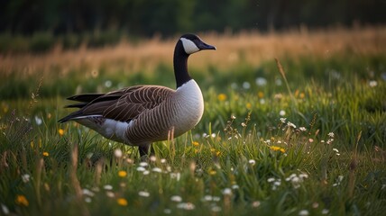 Obraz premium A single Canada goose stands in a field of wildflowers, with a blurred forest background.