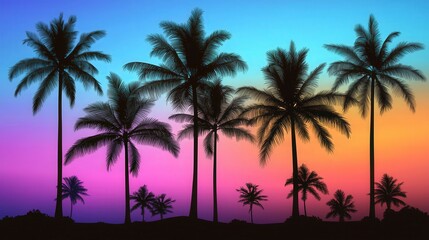 Tropical Sunset Palm Trees Silhouette   Colorful Gradient Background