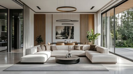 Modern living room with large sectional sofa, coffee table, and large windows overlooking a backyard.