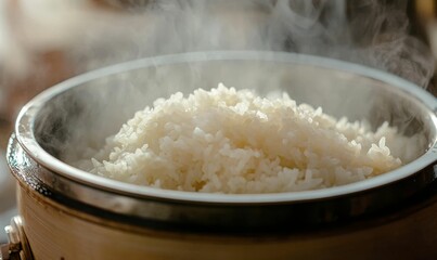 Steaming rice in a wooden pot.