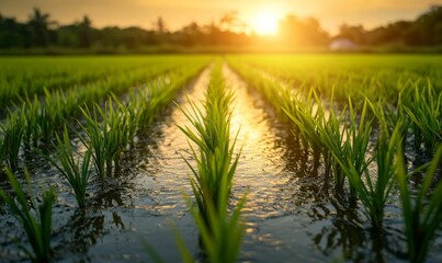 Obraz premium Green rice paddies with water reflecting sunset.