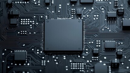 Fototapeta premium Close-up view of a modern microchip on a circuit board with intricate patterns, showcasing advanced technology and design.