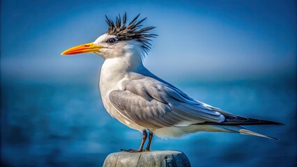 Obraz premium Close-Up of a Royal Tern on a River Channel Marker Light Against a Blue Gray Backdrop - Nature Photography