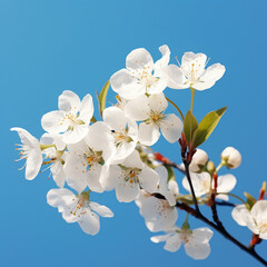 Fototapeta premium Photo blooming white apple or cherry blossom on background of blue sky happy passover
