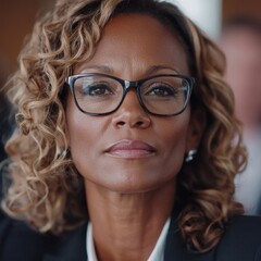 Obraz premium Confident businesswoman with curly hair and glasses, exuding professionalism and determination in a corporate environment.