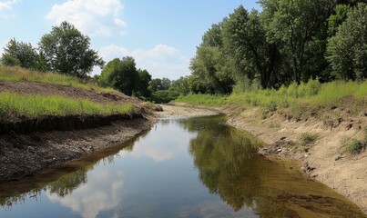 Fototapeta premium River flowing through lush green trees.