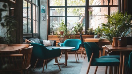 Teal Velvet Chairs and Wooden Tables in a Cafe with Greenery