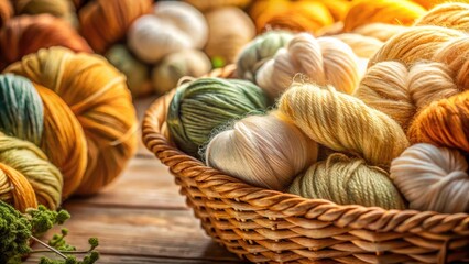 Closeup of Creamy Yarns in a Wire Basket Showcasing Intricate Weaves and Cozy Textures