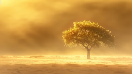 Serene Sunset Over a Golden Landscape with a Tree